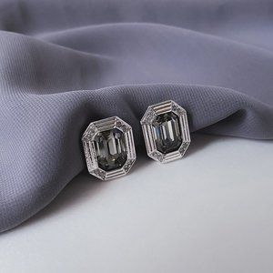 Art Deco Geometric Grey Baguette Rhinestone Crystal Gem Silver Clip On Earrings